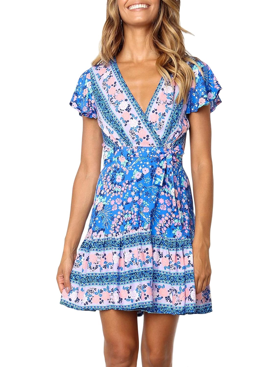 ZESICA Floral Wrap V-Neck Maxi Dress