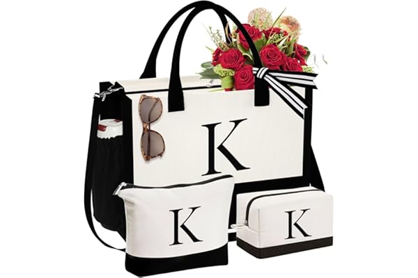 YOOLIFE Mothers Day Gifts Initial Canvas Tote Bag & Makeup Bag Birthday Gifts for Women