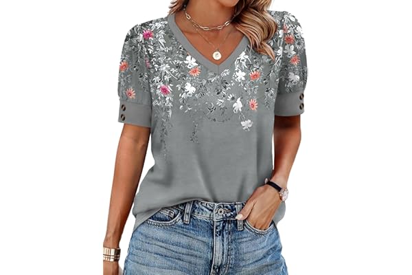 OFEEFAN Womens Tops Short Sleeve Shirts V Neck Summer Fashion Blouses Dressy Casual Plus Size