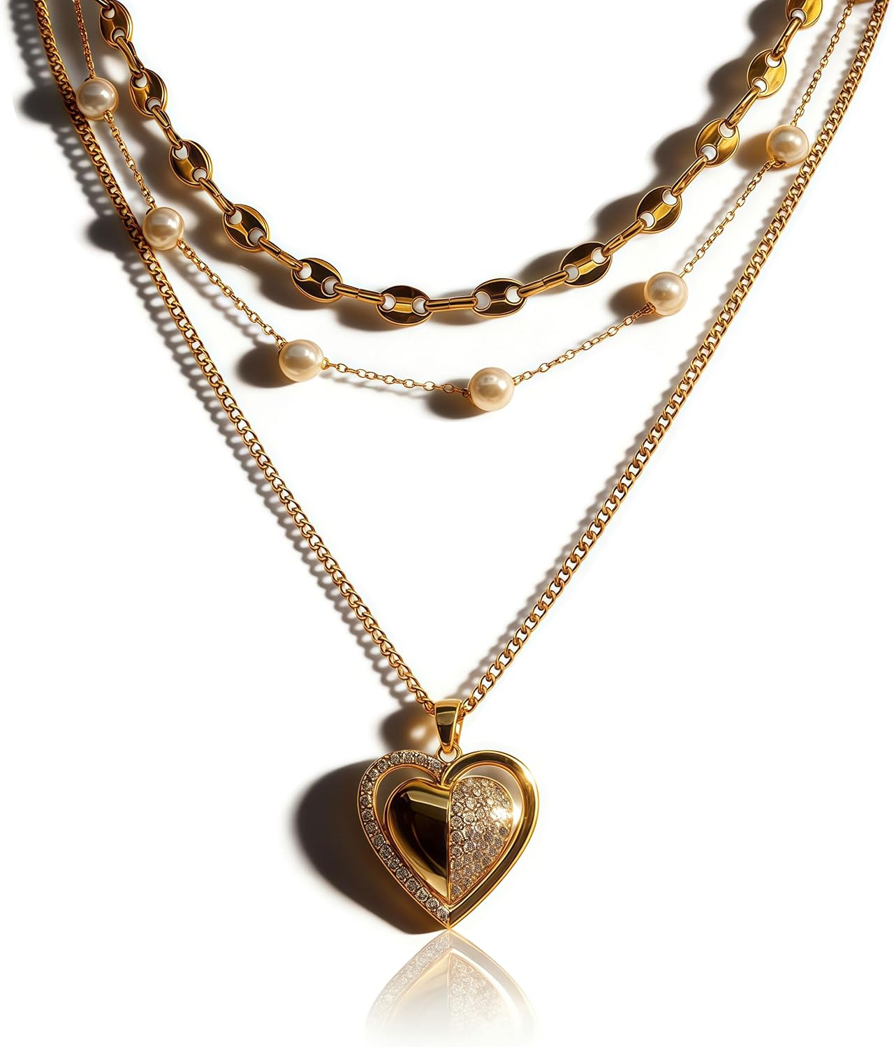18K Gold Plated CZ Butterfly Heart Pendant Layered Necklace Set